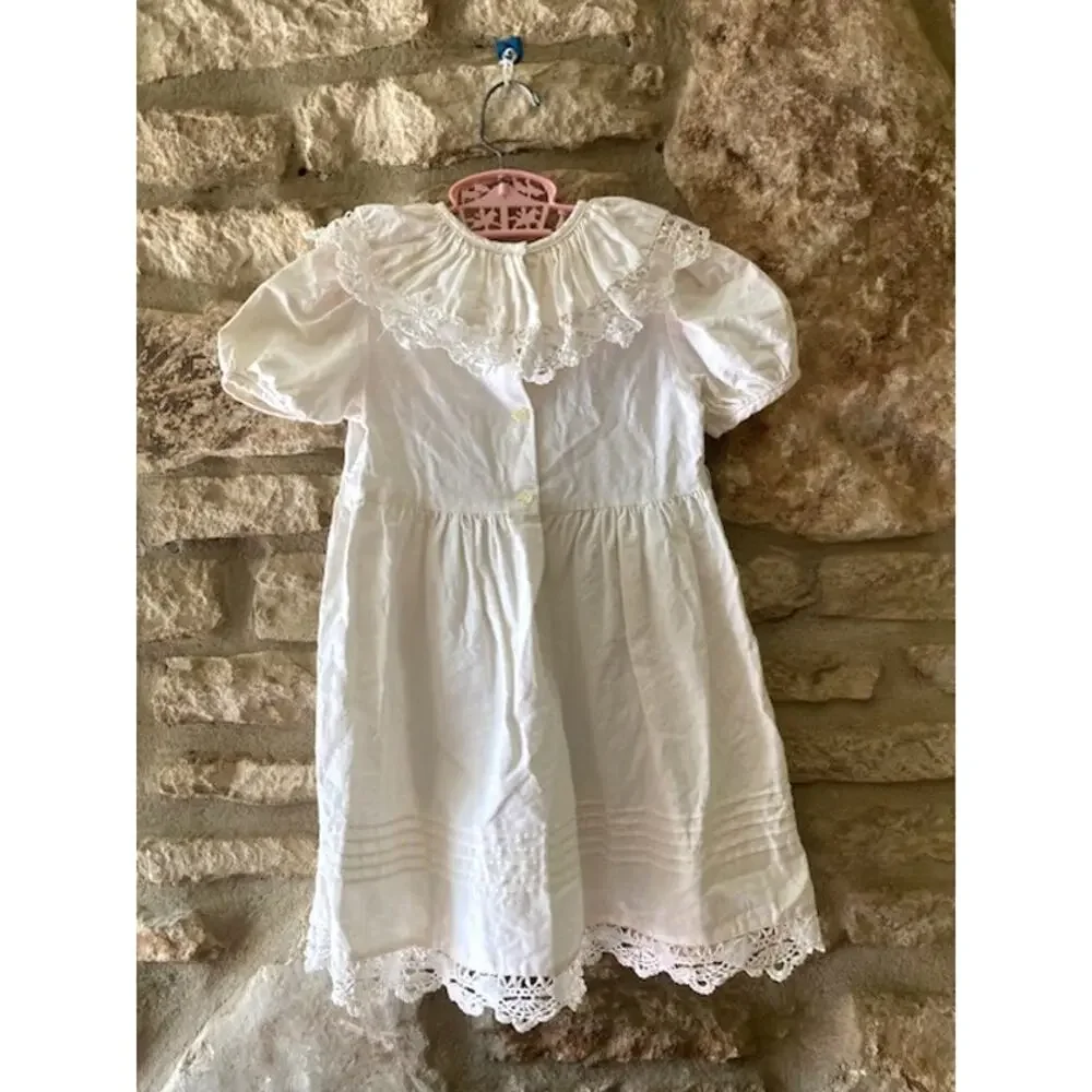 Vintage 80's Paper White Heirloom Dress - 4T - Hand Embroidered Linen Cotton